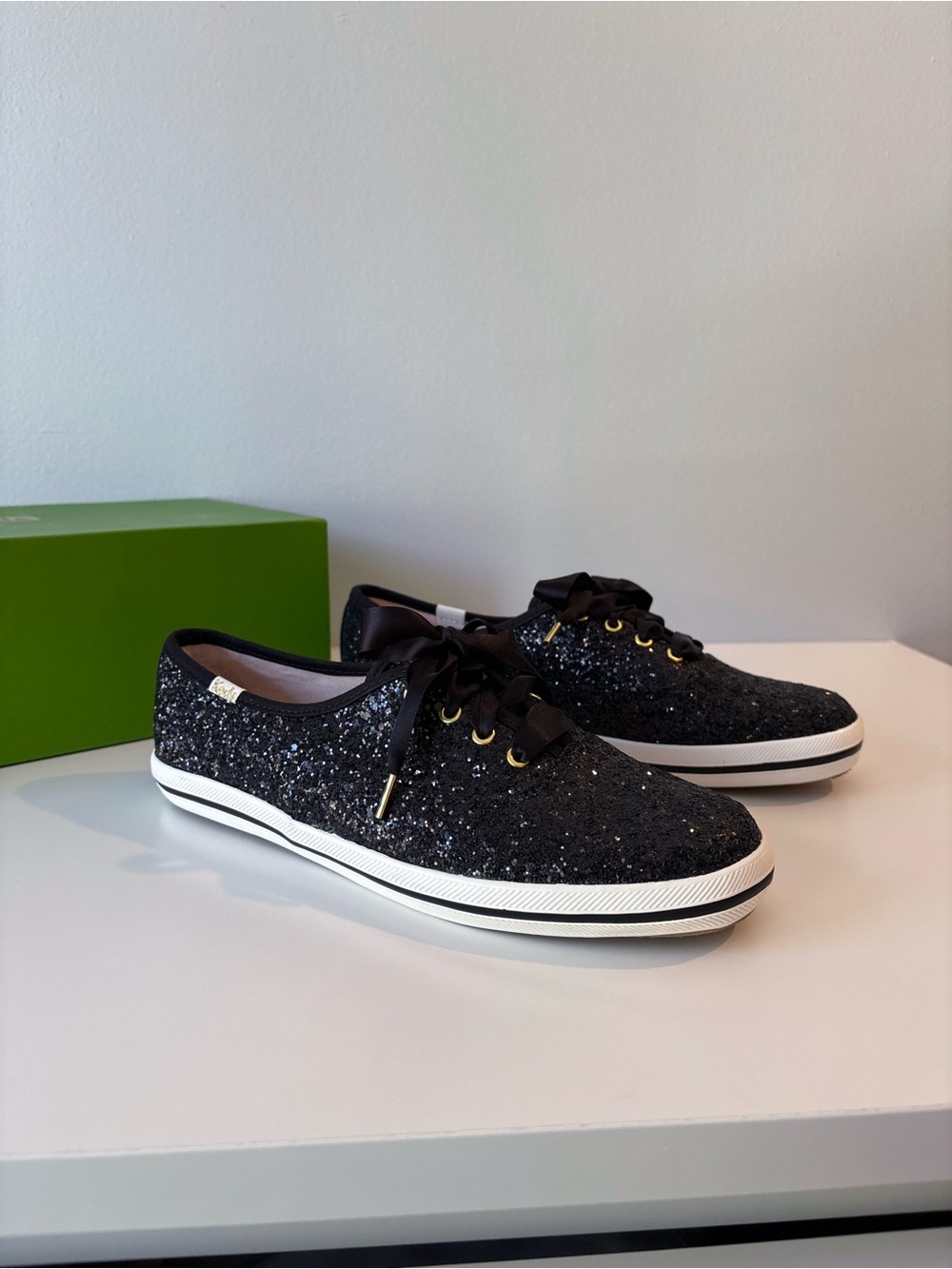 Keds x Kate Spade New York Champion Black Glitter Lace-Up Sneakers Tennis Shoes